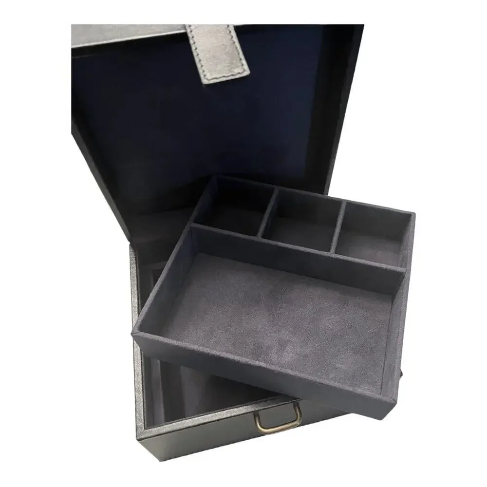 PB Black LEATHER JEWELRY BOX + TRAY Mens Ladies 8” Square Dresser Organizer